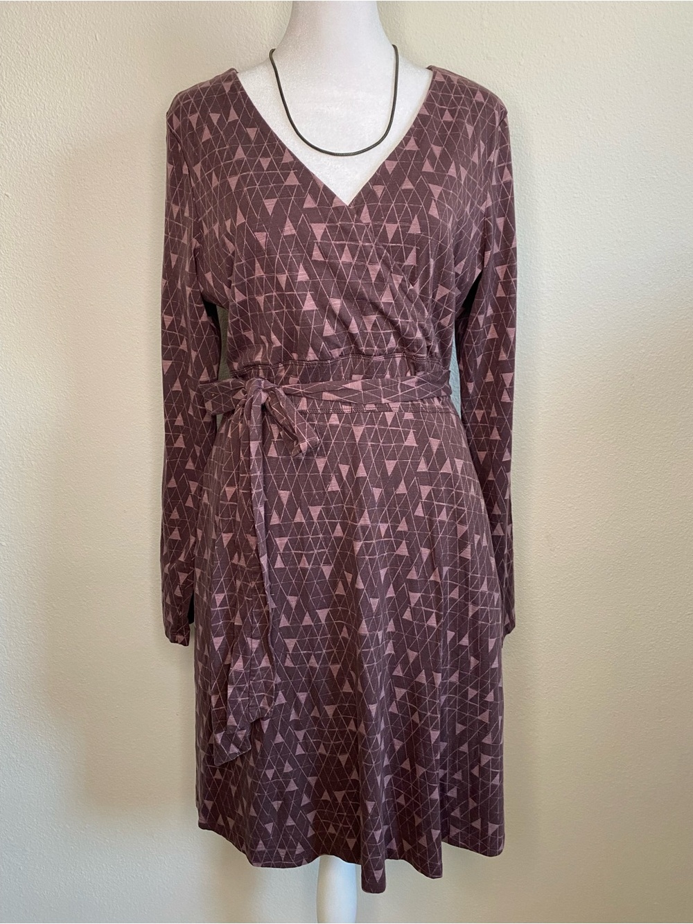 Toad & Co Mauve Geometric V-Neck Wrap Dress L Self Tie Long Sleeve Earthy Cabin